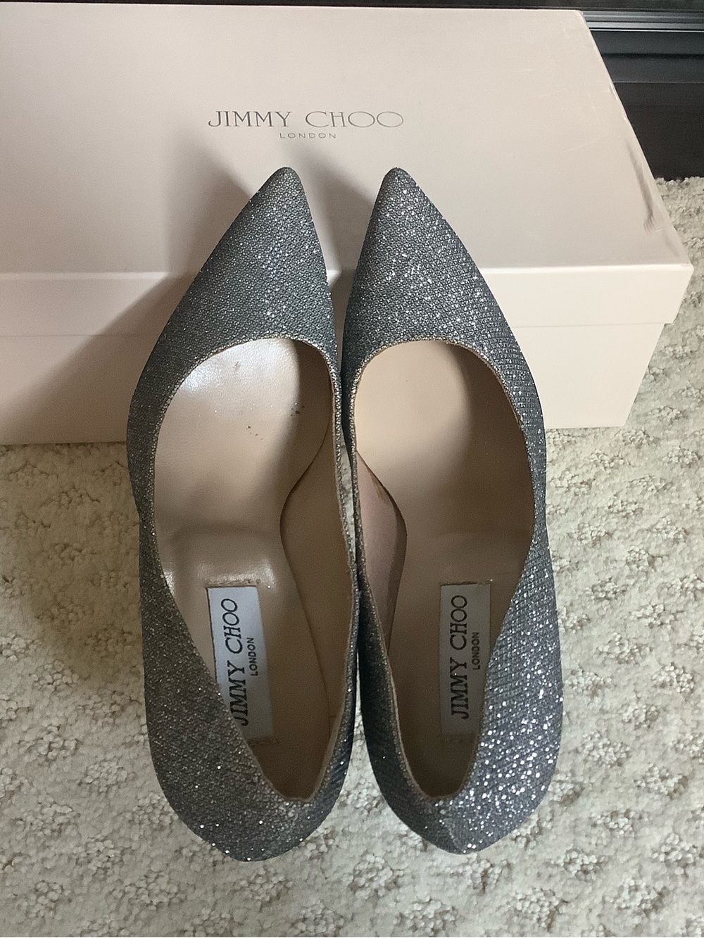 Jimmy Choo Silver Glitter Pointed-Toe Pumps